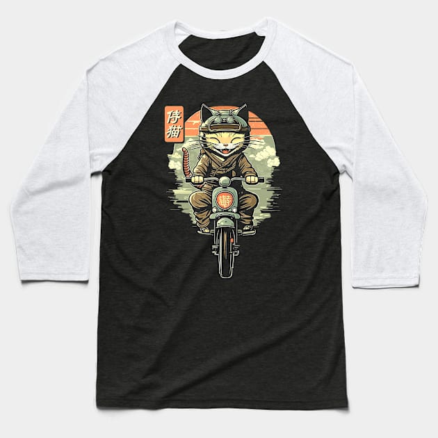 Japanese Samurai Cat on Motorcycle Kawaii Ninja Cat Baseball T-Shirt by Apocatnipse Meow